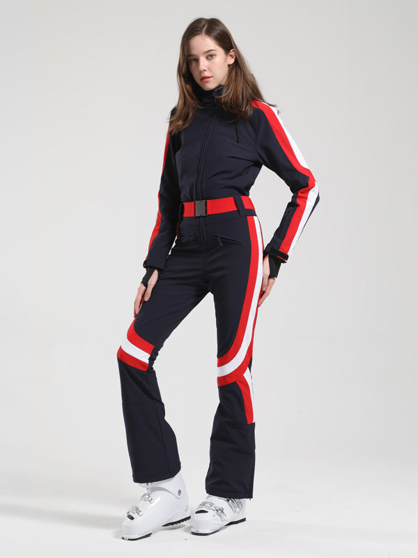 Women's Gsou Snow Retro Belted Stripe Flare Ski Suit