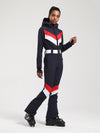 Women's Gsou Snow Retro Belted V Striped Flare One Piece Ski Suit