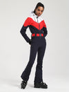 Women's Gsou Snow Retro Belted Color-Blocked Flare One Piece Ski Suit